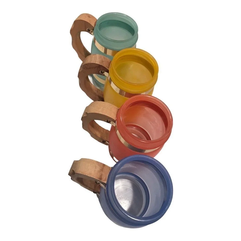 Siesta Ware Banded Barrel Pastel Frosted Glass Wood Handle‎ Mug Lot of 4